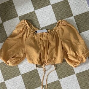 ASTR Mustard Puff-Sleeve Cropped Tie-Front Top